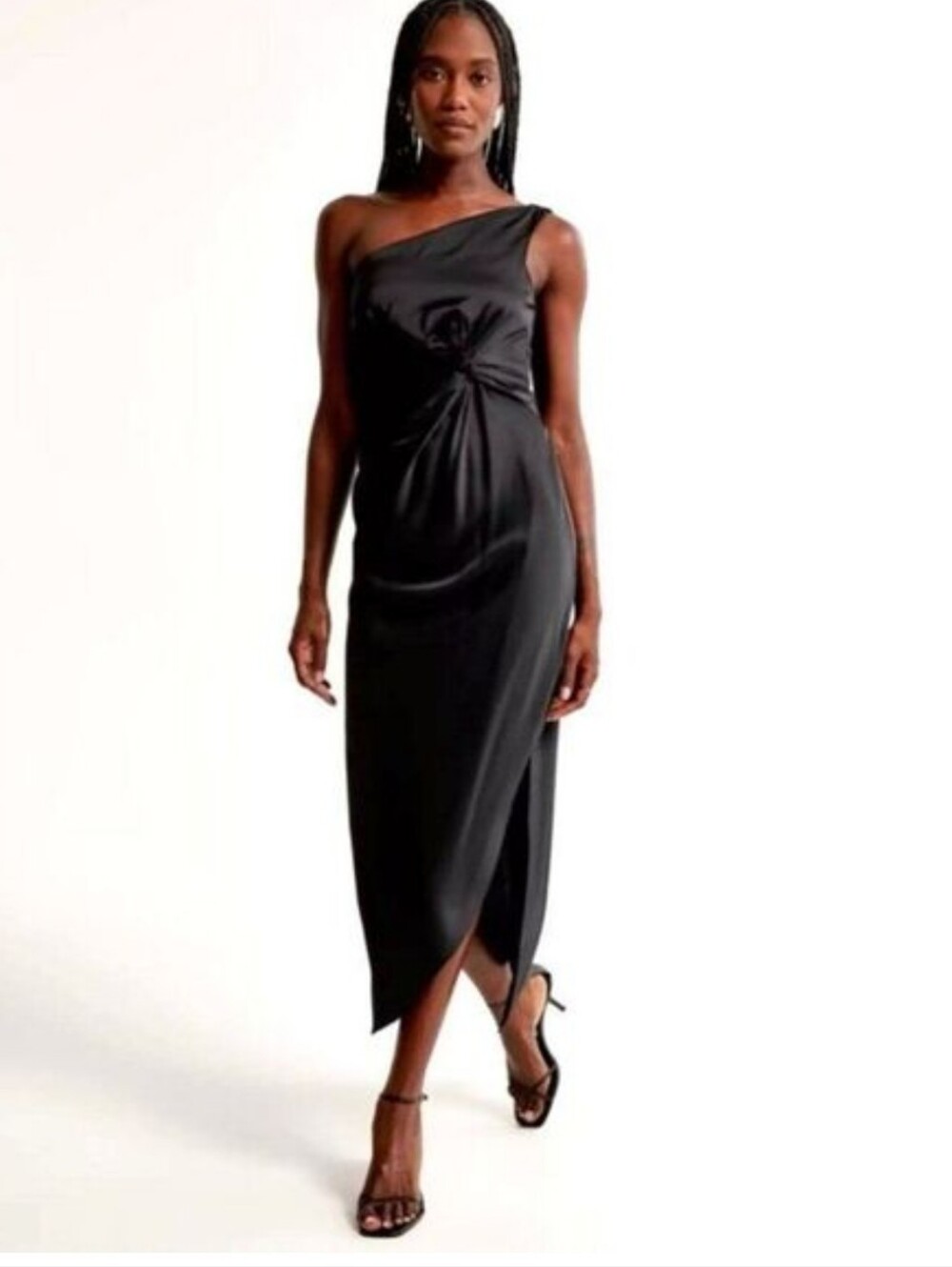 Abercrombie & Fitch Knotted Satin Black One Shoulder Midi Dress Gown - S Petite